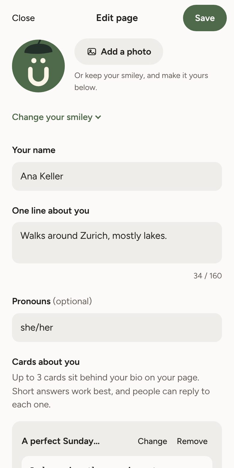 Edit page: your photo or smiley, name and bio